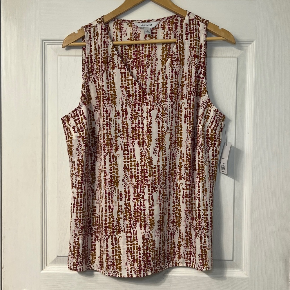 Nine West Abstract Multicolor Dashed Print Sleeveless Tank Top Size L Tribal Dot